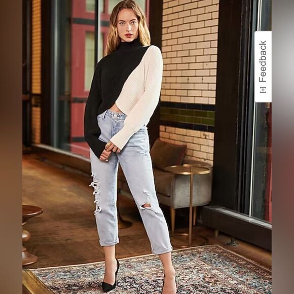 Express Color Block Wrap Front Mock Neck Crop Sweater - Picture 2 of 11